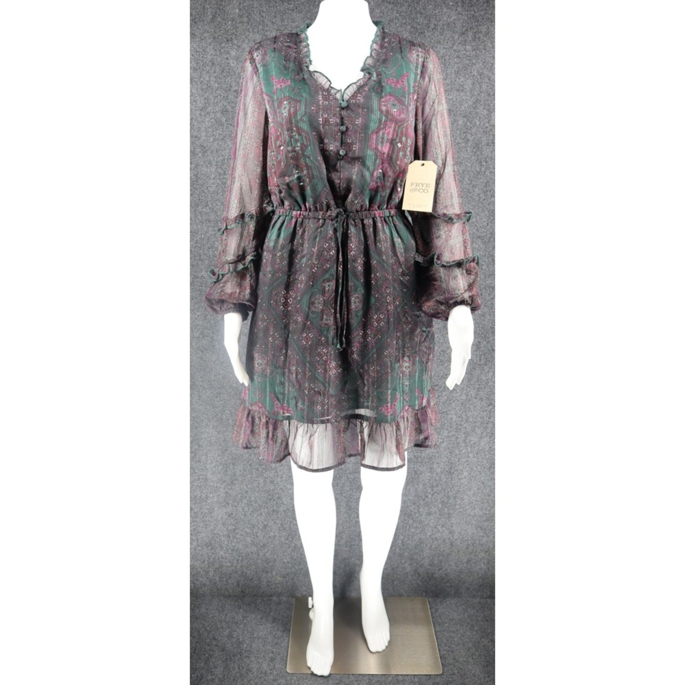 Frye Dress‎ Women Small Purple Deep Forest Flounce Mini Lined Sheer NEW NWT